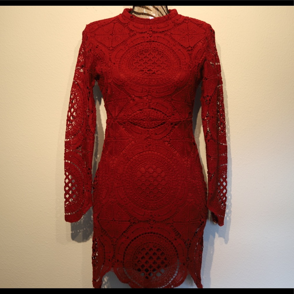 Long Sleeved Red Lace Dress